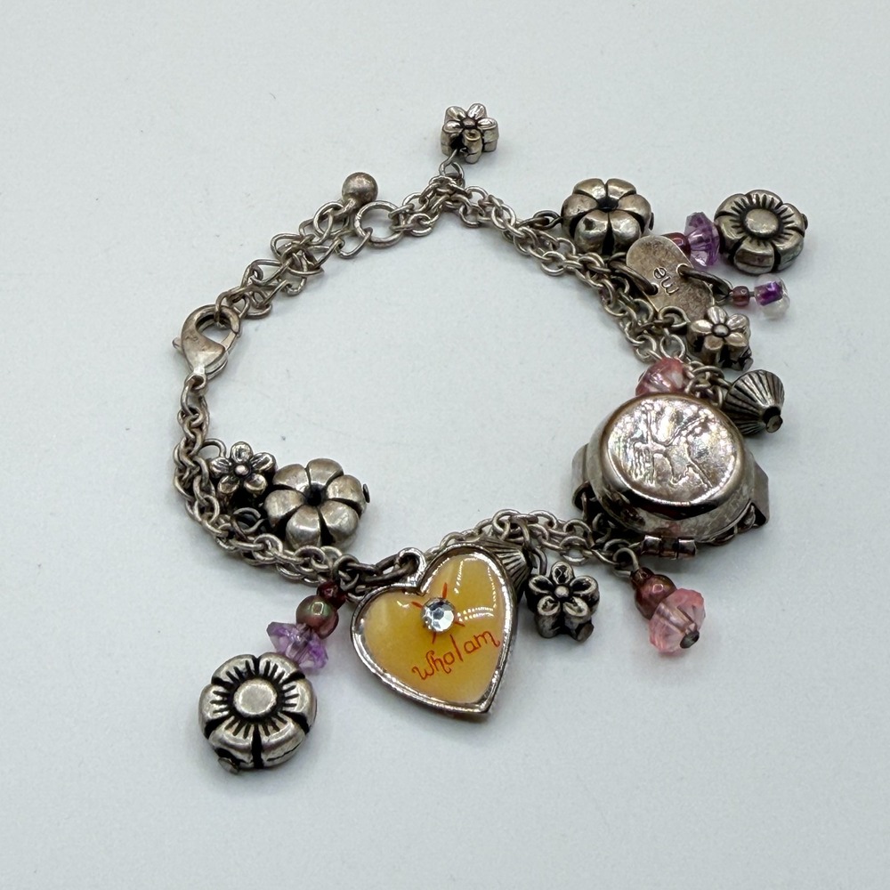 Silver Tone Flower Heart Locket Charm Bracelet Pink Beads Boho Cottagecore Gift